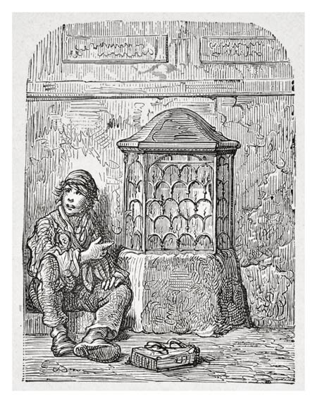 An illustration of the London Stone from 'London: a Pilgrimage' by Blanchard Jerrold and Gustave Doré, 1872. 