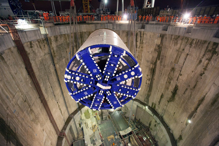 Tunnel Boring Machine Elizabeth being lowered into the main shaft. Copyright Crossrail.