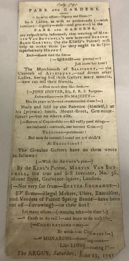 Newspaper cutting advertising Martin van Butchell's 'new invented spring-band garters (by the King’s patent)', 1791. NN36380