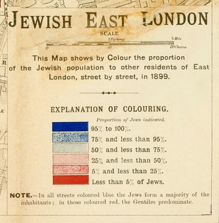 The colour key to George Arkell’s 1899 map, with blue representing highest density of Jewish population, and red, the least. (ID no.: LIB26770)  