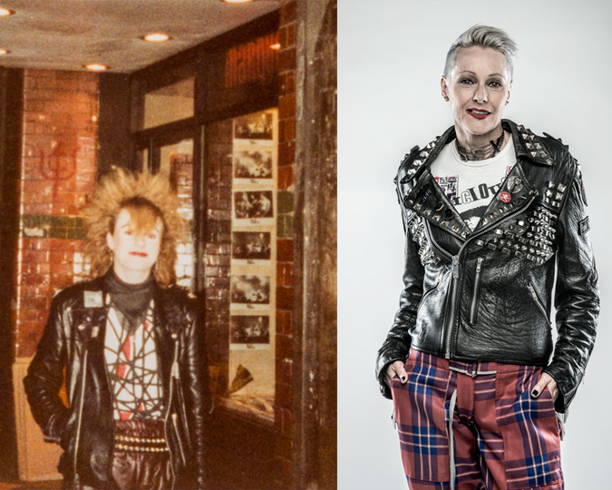 A photo of punk Lesley Edgar, in the 1970s and today.