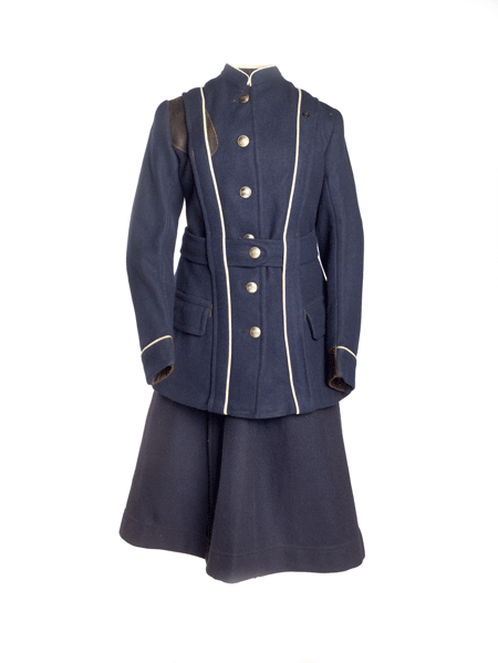Winter uniform of a bus conductress employed by the London General Omnibus Company.