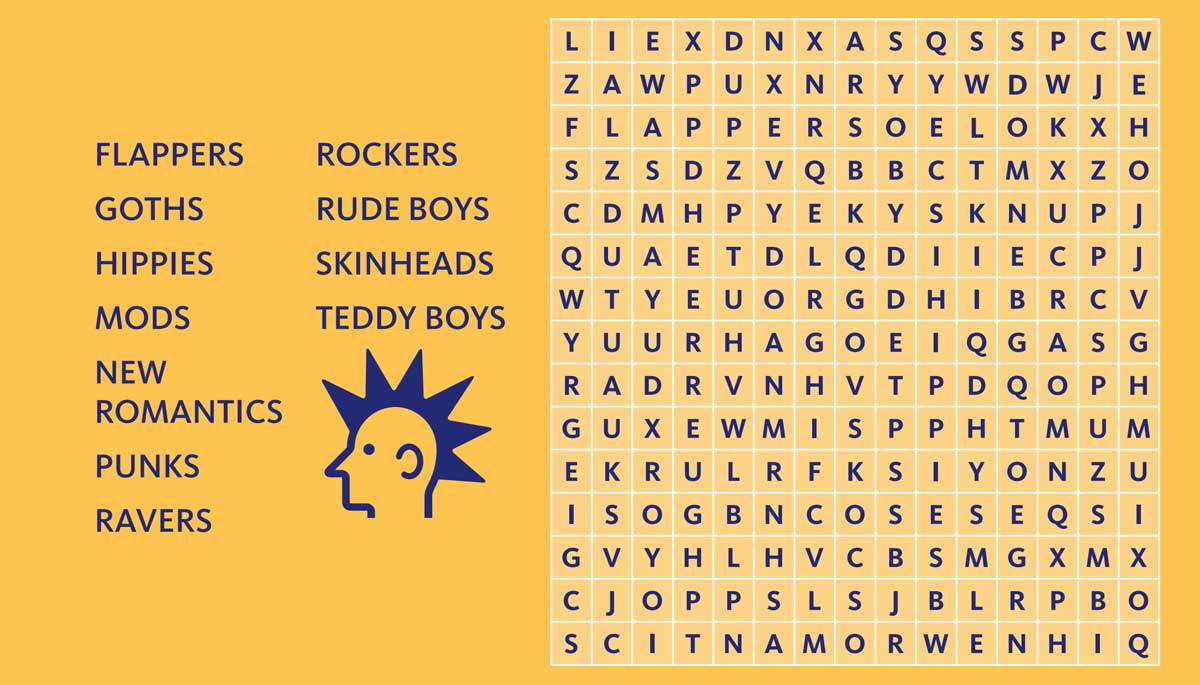 Wordsearch inspired by the Dub London display on an orange background with an illustration of a punk.