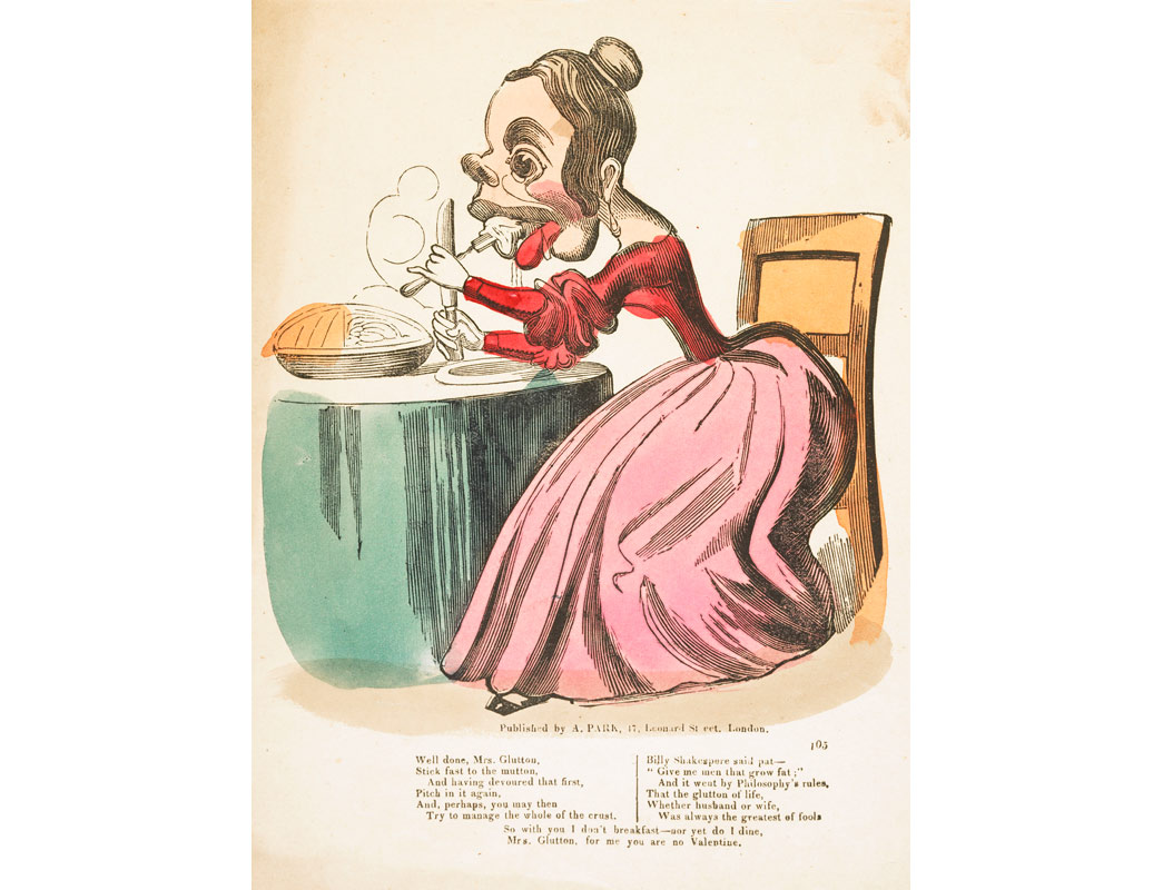 Comic valentine's card printed as a woodcut on cheap paper with a caricature of a woman eating a pie. The print is crudely coloured and below is printed a verse