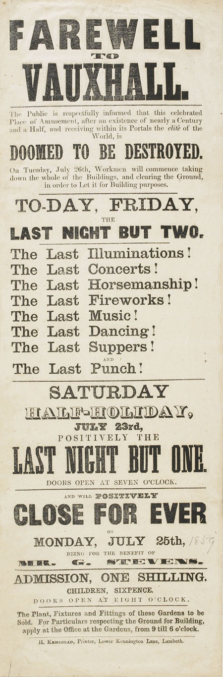 Leaflet announcing closure of Vauxhall Gardens.