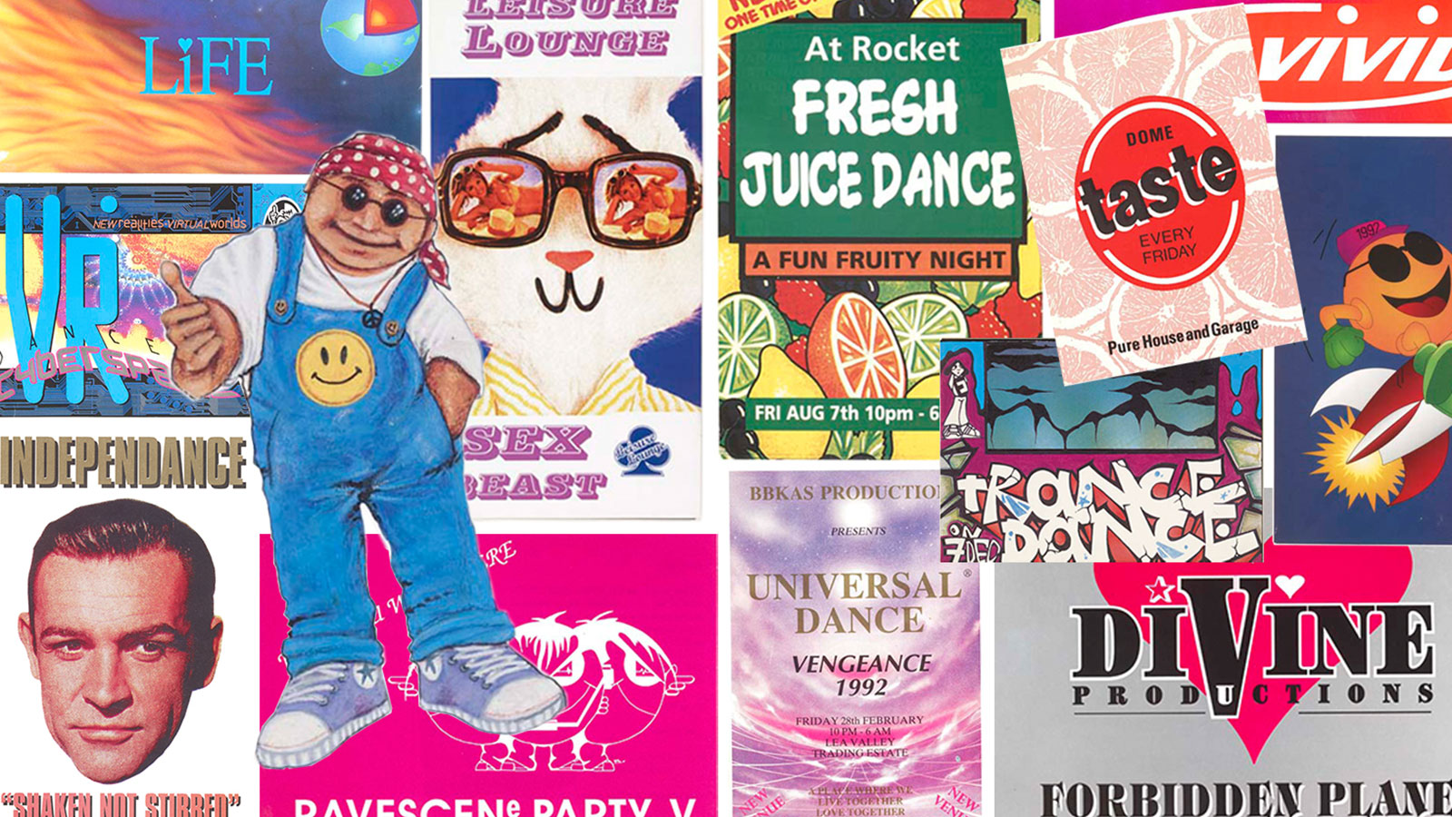 Photographic collage of flyers promoting club nights