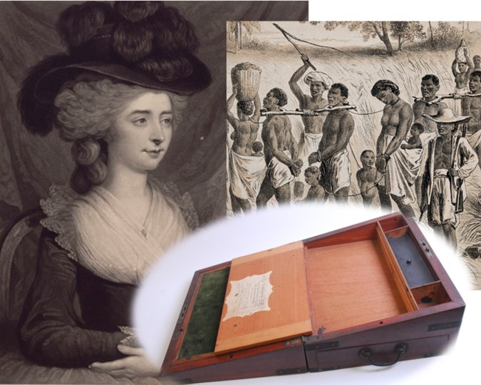 Francisca Burney (national library of france), mahogany desk (MoL), African slave trade lithograph (Wellcom Collection)