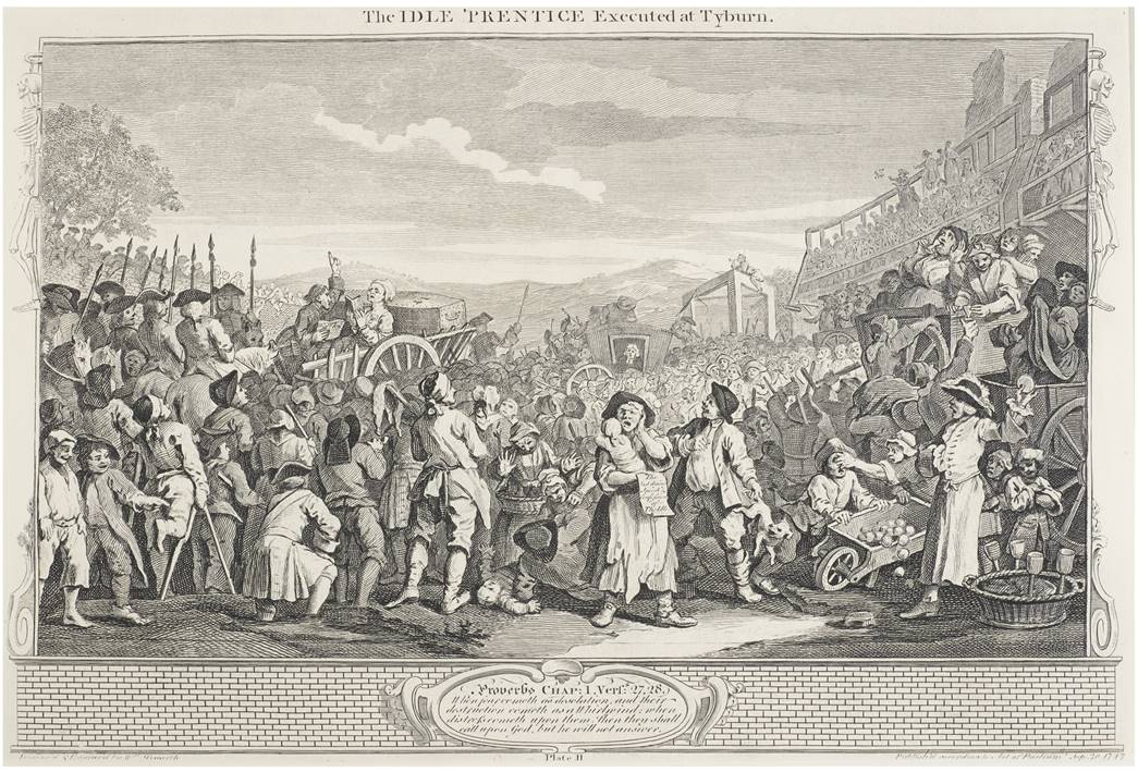 This engraving by William Hogarth depicts the execution of a lazy apprentice, who is hanged for highway robbery. This is part of a series entitled 'Industry and Idleness’. (ID no.: 64.51/36a)