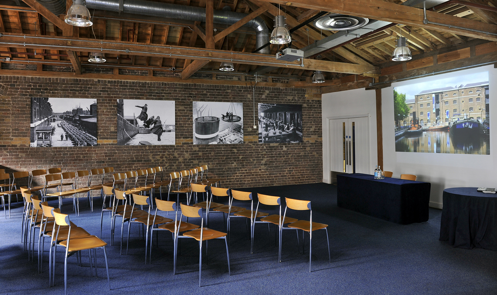The Quayside Room ready for a conference, as part of the venue hire offer at Museum of London Docklands
