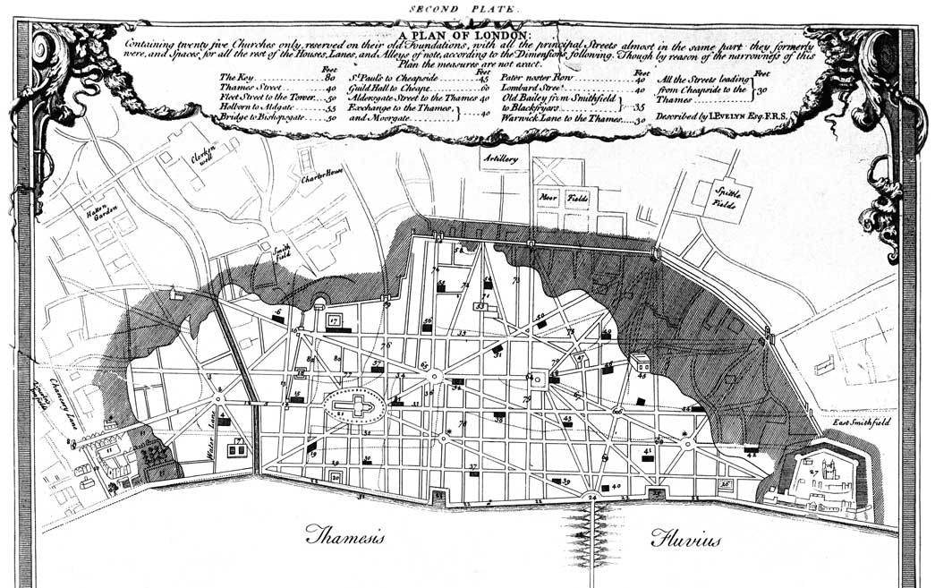 A plan of London after the Great Fire in the year of our Lord 1666. Map showing two designs for the reconstruction of London. The top design by J. Evelyn consists of 12 interconnecting squares and piazzas. The Royal Exchange is re-sited where Cannon Street Station now is; a straight west-to-east thorough fare cuts its way from Temple Bar to 'King Charles Gate' south of Aldgate. The bottom design and proposal by Sir Christopher Wren shows the broad boulevards and open squares replacing the warren of alleys and byways. Wren's plan was never executed.