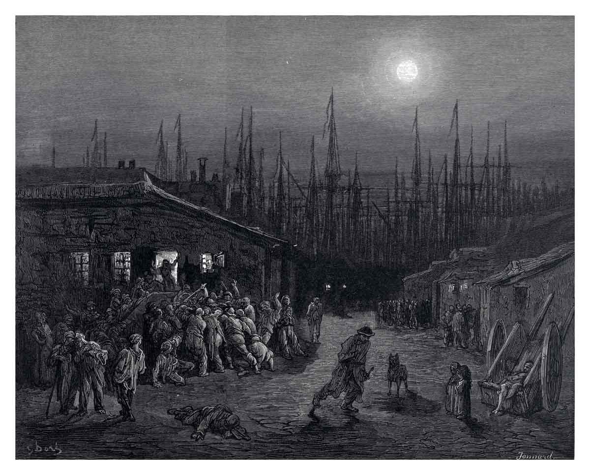 An illustration of the docks by night from London: a Pilgrimage by Blanchard Jerrold and Gustave Doré, 1872.