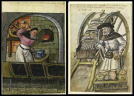 Cheese merchant at market and textile dyer (Paul K. cc/by 2.0 https://www.flickr.com/photos/bibliodyssey/albums/72157610727752183)