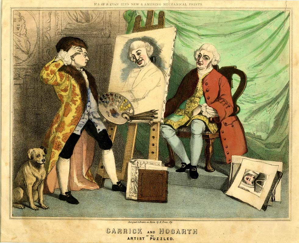 Cartoon: Garrick sitting to Hogarth in the studio, with cut-out for rotating heads of different likenesses of Garrick. British Museum collection.