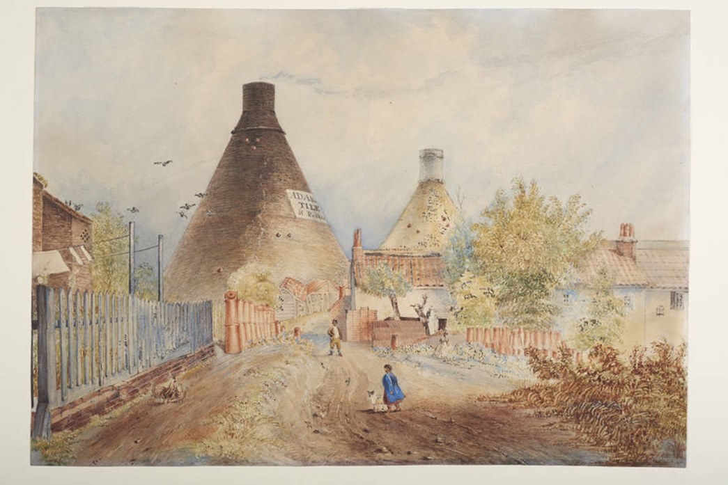 ‘The Tile Kilns in Maiden Lane, Kings Cross’, watercolour by M. Row, 1838. (ID Nos.: 80.550)