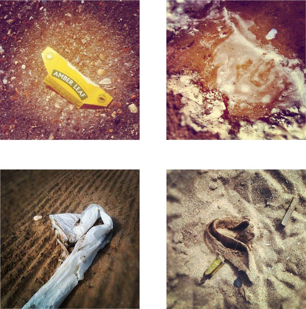 The Golden Tide (2012)

By Gayle Chong Kwan, pigment print on paper. (clockwise from left) London Bridge: rolling tobacco; London Bridge: polystyrene cup piece; Margate: banana skin and lolly sticks; and Margate: Like the tides upon which it had been borne. (ID no.: 2013.54)

