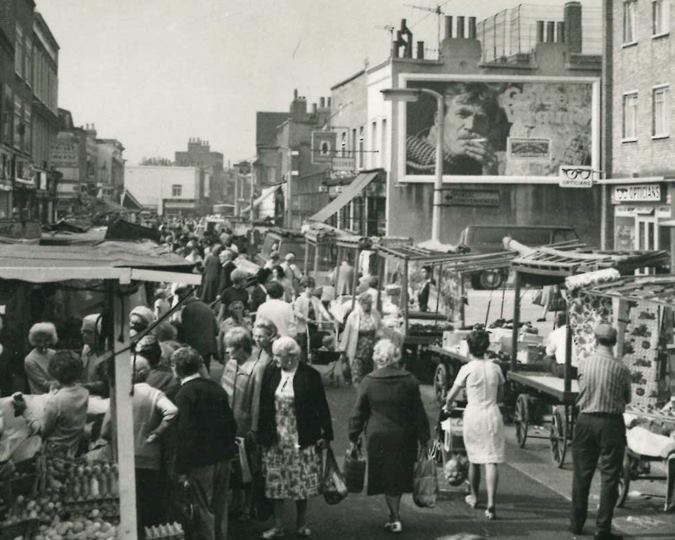 The Roman Road market as photographed in 1968. (Image courtesy of Tower Hamlets Local History Library & Archives, Reference: P21406)