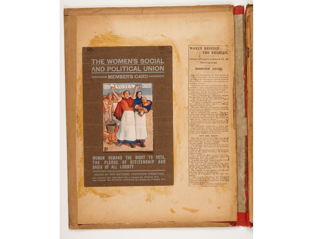 Suffragette scrapbook on display.