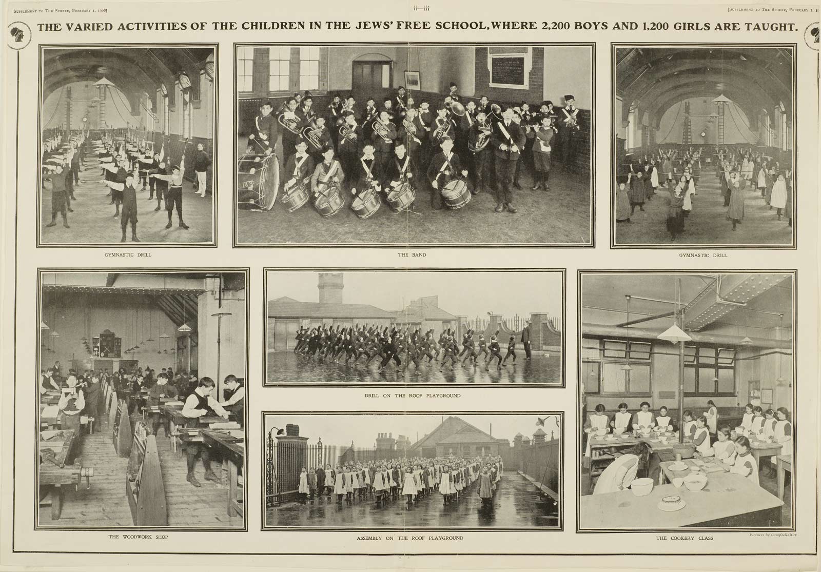 This illustrated article appeared in The Sphere magazine on February 1st 1908. Entitled 'The Largest of Our Elementary Schools Where Russian Jews are made into Good British Subjects', it describes the work of the Jews' Free School in Bell Lane, Spitalfields, the heart of the Jewish East End. By 1908 the school offered free education to 2,200 Jewish boys and 1,200 girls and was the largest school in Europe. Like many Jewish youth organisations in the East End it favoured Anglicisation and integration. Yiddish culture was discouraged to iron out the 'ghetto bend' in immigrant lads.

