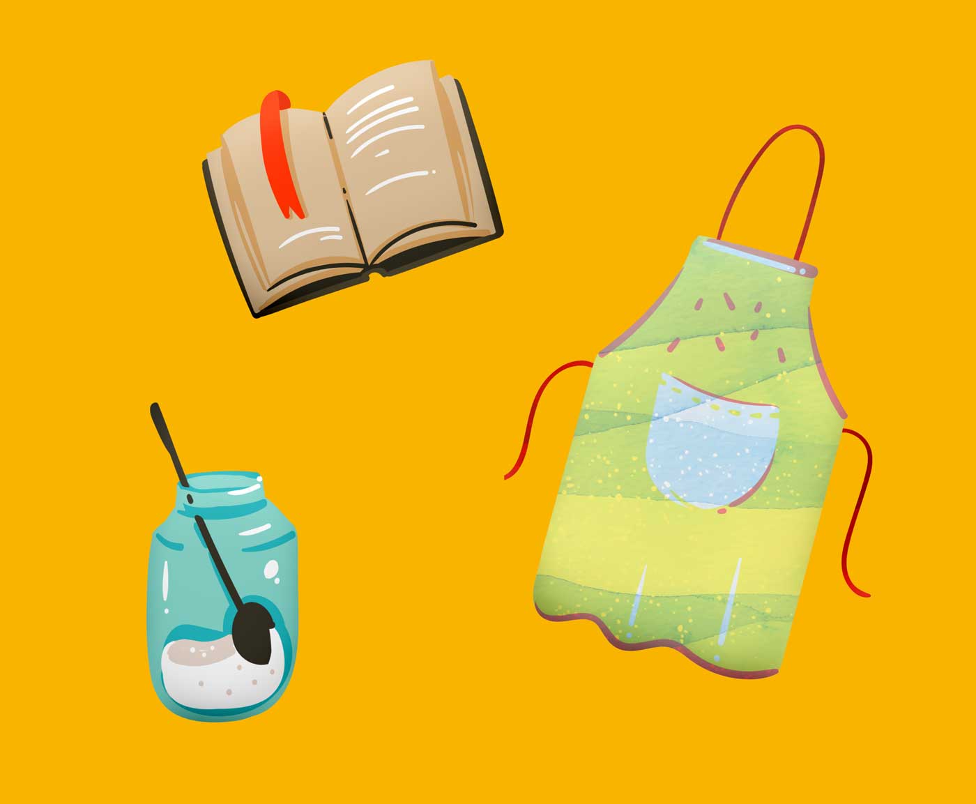 Colourful illustrations of an apron, a jar of sugar with a spoon in it, and a recipe book.