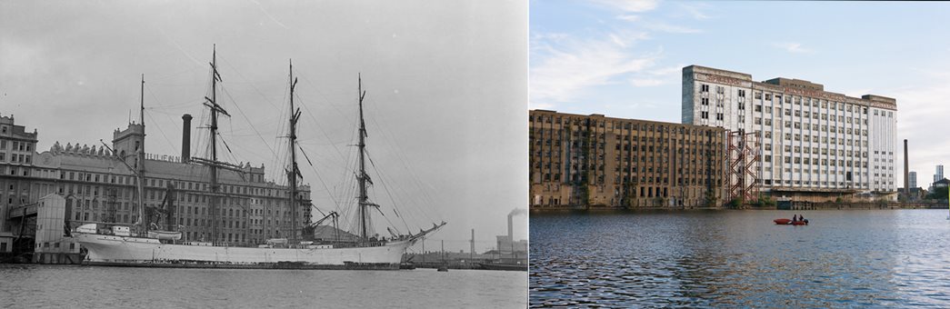 Then (left): A view of the Millennium Mills (30 May 1931), once Britain's largest centre for flour milling. (ID no.: 2012.28/746)
Now: The art deco landmark has stood vacant since the decline of the docks as a working port in the 1980s, but is still a wonderful sight. (Courtesy: Stefano Carniel)
