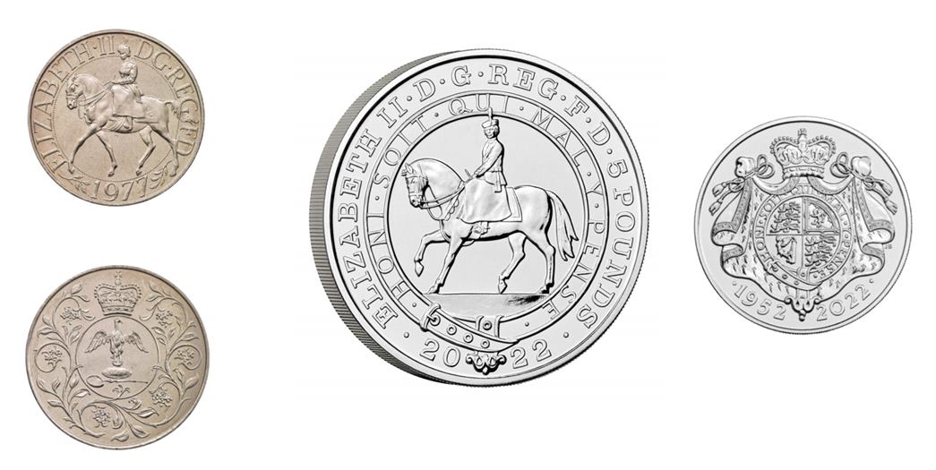 In the centre and left are the 2022 Platinum Jubilee commemorative coin faces for Queen Elizabeth II, and on the left is the first commemorative coin for her, marking 25 years of reign in 1977. (Courtesy: Royal Mint)