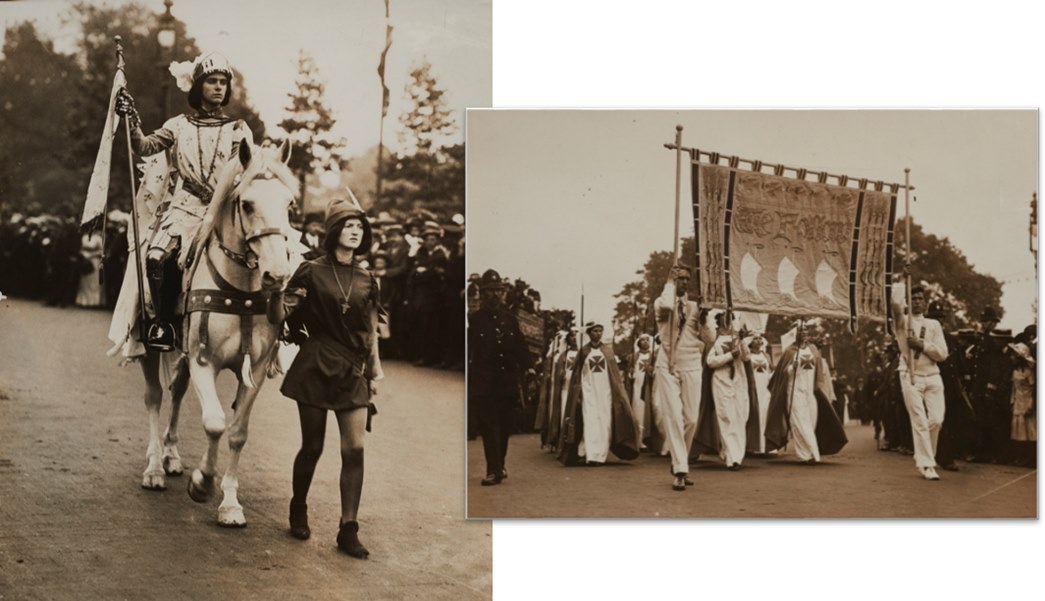 Suffragette Marjorie Annan Bryce as Joan of Arc at the Women's Coronation Procession of 17 June 1911, ahead of the Crusaders section of the procession, with the large banner, saying ‘We Follow’, carried by two men. (ID nos: 50.82/1377; NN22540)