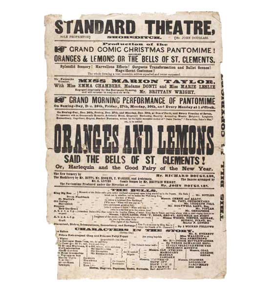 Playbill from the Standard Theatre in Shoreditch, 1804 announcing their Christmas pantomime production of ‘Oranges and Lemons’. Includes a cast and scene list.