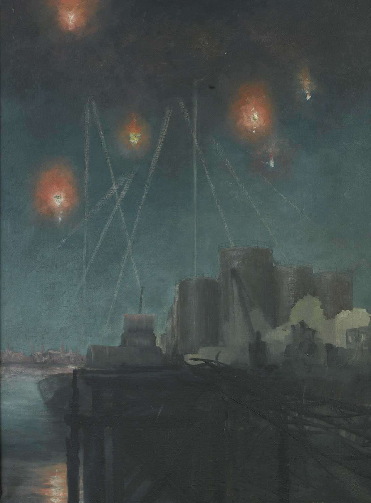 This painting shows an air raid during the Second World War, with anti-aircraft shells exploding over the Docklands as oil tanks are illuminated in the night sky.