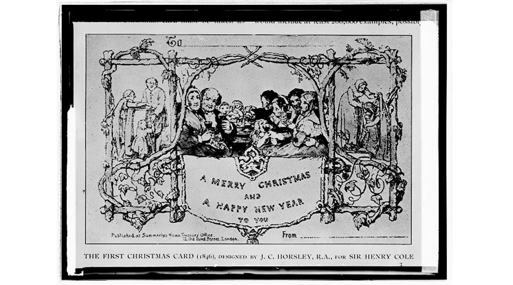 A glass negative of the first commercially produced Christmas card from 1843. (Courtesy: Library of Congress, Prints & Photographs Division, LC-DIG-npcc-27613)