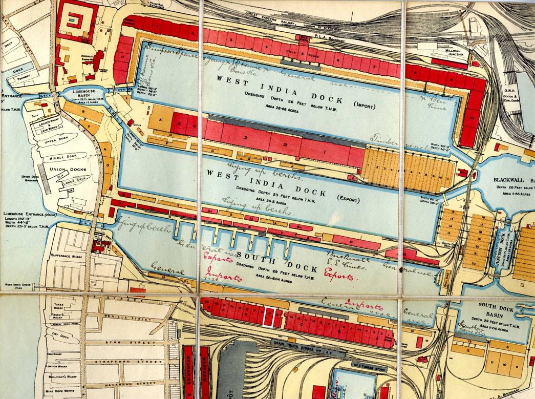 A section from the 1910 plan of West India and Millwall Docks, showing the West India Docks with Shed 15 highlighted. (MoL)