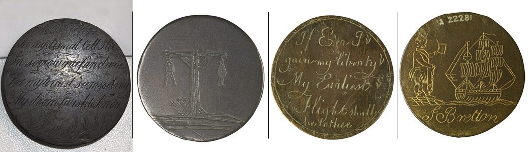 Four examples of ‘leaden hearts’ with sentimental messages or pictures engraved by convicts. (ID nos. from left: A22278, A22273, A22278, A22281)