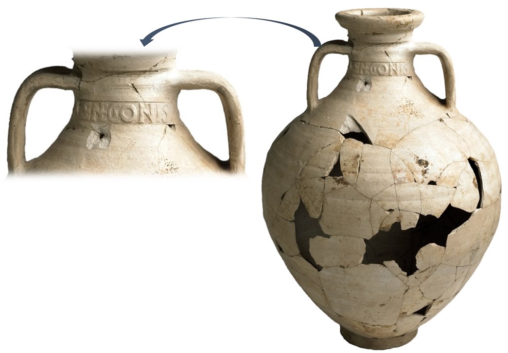 A French (Gauloise) type wine jar, but made in London. “Senecio” was probably the owner of the vineyard, rather than the potter. His name is of a standard Roman type, but he may well have been a Briton. (Courtesy: University of Southampton (2014) Roman Amphorae: a digital resource [data-set]. York: Archaeology Data Service [distributor] https://doi.org/10.5284/1028192)