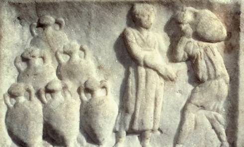 Marble relief showing transport of amphorae, from 2nd century CE. (Courtesy: Fletcher Fund,1925/The Metropolitan Museum of Art)