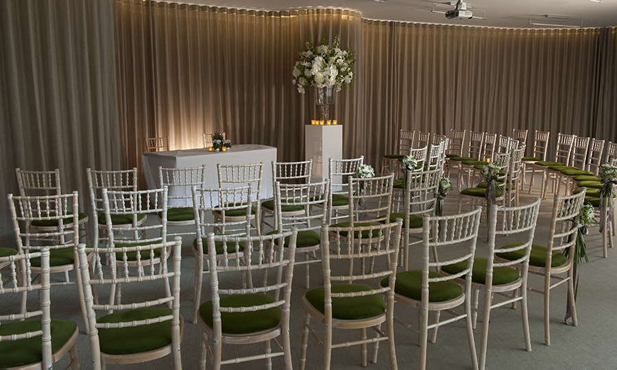 A wedding set-up in the Garden Room at Museum of London, London Wall