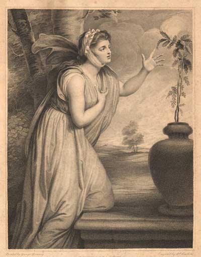 Emma Hamilton in an attitude towards a mimosa plant - Stipple engraving by R. Earlom, 1789, after G. Romney. © Wellcome Collection