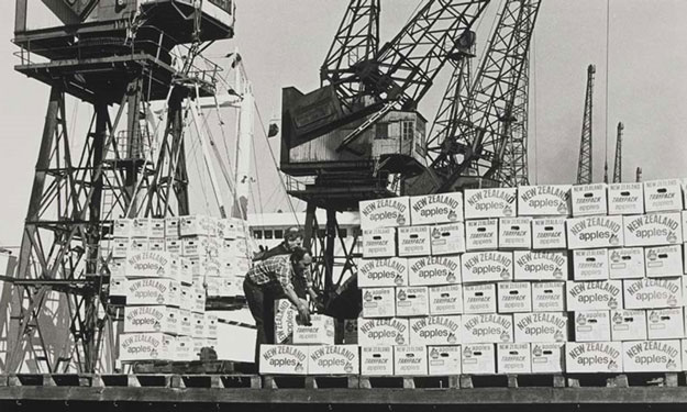 Black-and-white photograph of two men lifting boxes labelled 'New Zealand apples', with cranes in the background.