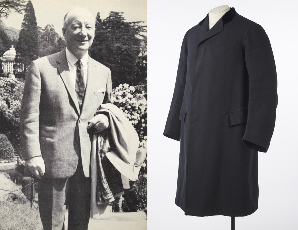 The creator and his creation
(left) Harry Moss was made director and became fondly known as the ‘Guvnor’ (©Moss Bros); and a Chesterfield coat donated by him to the museum (ID no.: 49.78/11).
