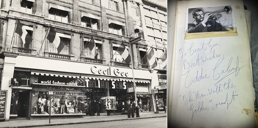 Cecil Gee, designer to the stars
The Cecil Gee Shaftesbury Avenue flagship store (left) and a page from the visitor’s book with a note from trumpeter Eddie Calvert. (ID nos.: EXH1154/2, EXH1154/1; Courtesy: Nigel Gee; Rowland, Nigel and Michael Gee)
