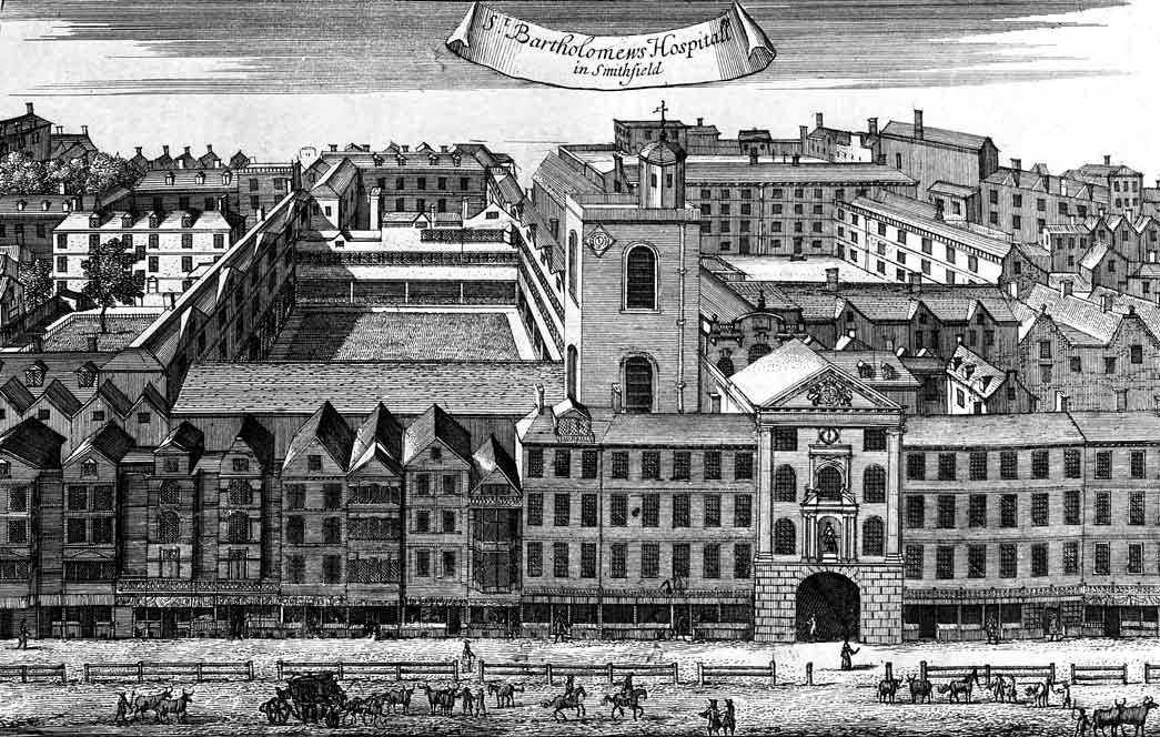 St. Bartholomew's Hospital. Plate no. 93 first published in John Stow's 'Survey of London' in 1598. The 'Survey of London' is a detailed description of the city of London and its suburbs. It is an important record of London's architecture and buildings before the effects of the Plague and the Great Fire.