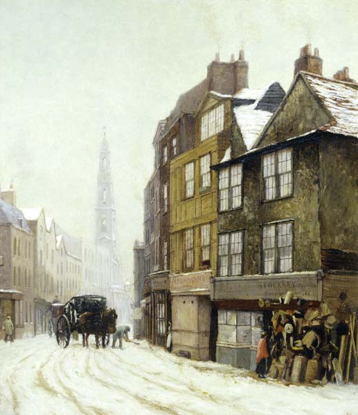 View of Drury Court in the snow, painted from Drury Lane. A Coffee House is on the street the corner and the steeple of St. Mary-le Strand is in the background.  