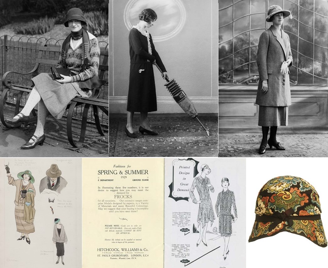 Hats were still mandatory when leaving the house. Most associated with the decade is the ‘cloche’ shape — the French name for bell, but wide-brimmed hats were also worn. (ID nos., clockwise from top-left): IN11141; IN10870; IN5078; 64_119_5; 84_291_13_a; 78_157_1_vb)