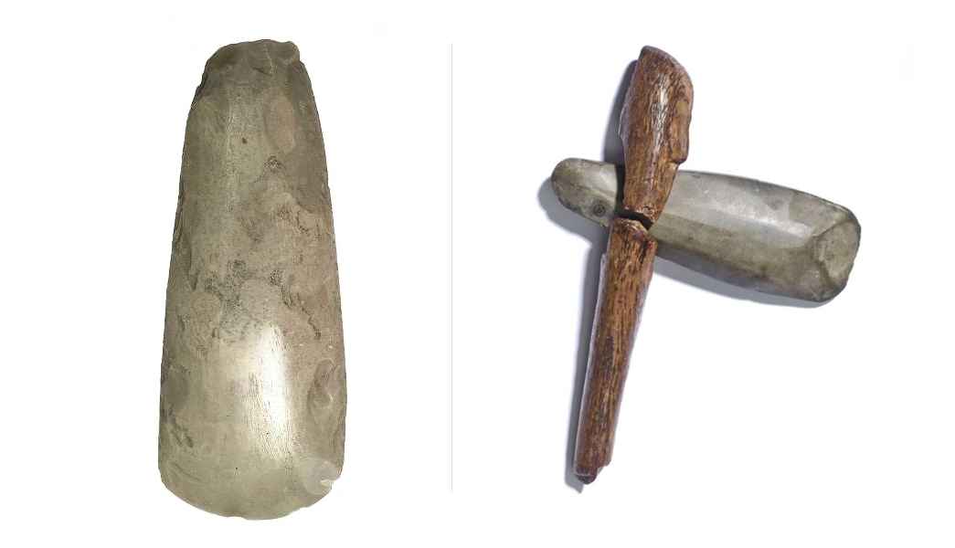 (left) A polished flint axe, that would have taken approximately 40 hours to polish to achieve this smooth surface. (ID no.: A1557) On the right is an example of a Neolithic axe with its handle. (©The Trustees of the British Museum)