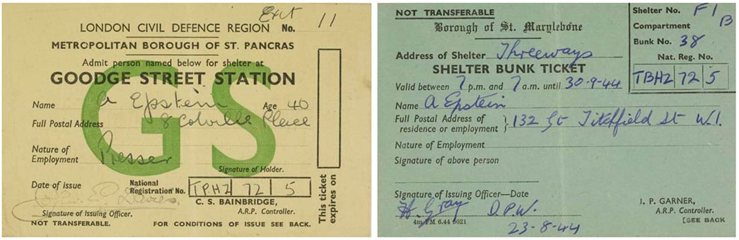 Two tickets belonging to A. Epstein, issued during WWII, one for passage through London Underground (left, ID no.: 2007.1/54) and the other for a shelter bunk (right, ID no.: 2007.1/55)