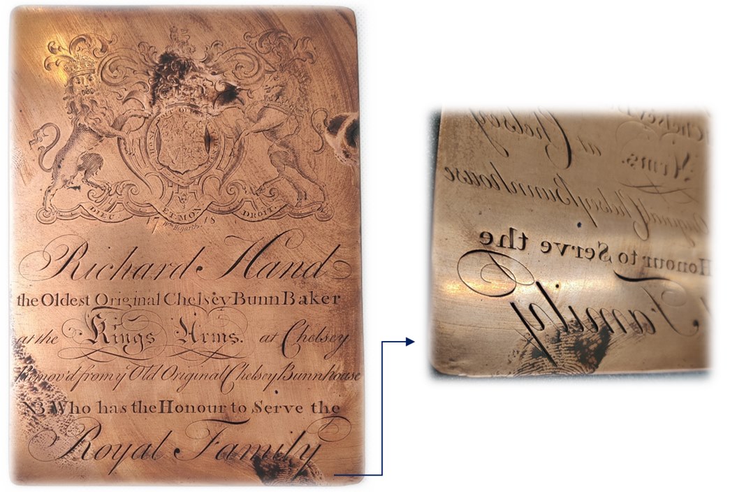 Copper plate of a trade card of Richard Hand, baker of Chelsey buns with corroded fingerprints. Close-up on the right. (ID no.: 34/4c)