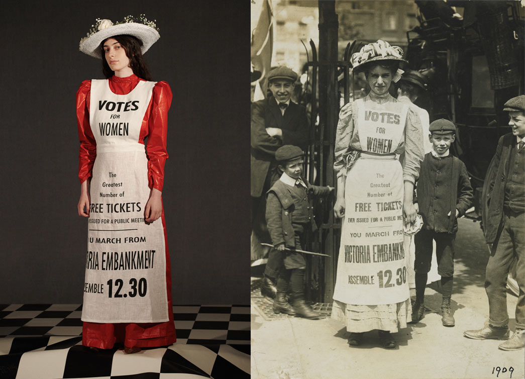 Vera Wentworth, Suffragette, compared to a modern Suffragette inspired dress.