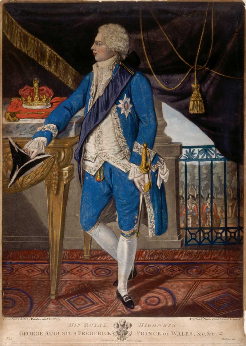 The Prince of Wales - later George IV – is holding a tricorn hat, leaning on a marble-top table on which rests a crown on a cushion. He is wearing a blue suit with heavy brocade, a garter ribbon and a sword, and standing on a carpeted balcony with curtains draped behind but not so as to obscure a troop of cavalry below.
