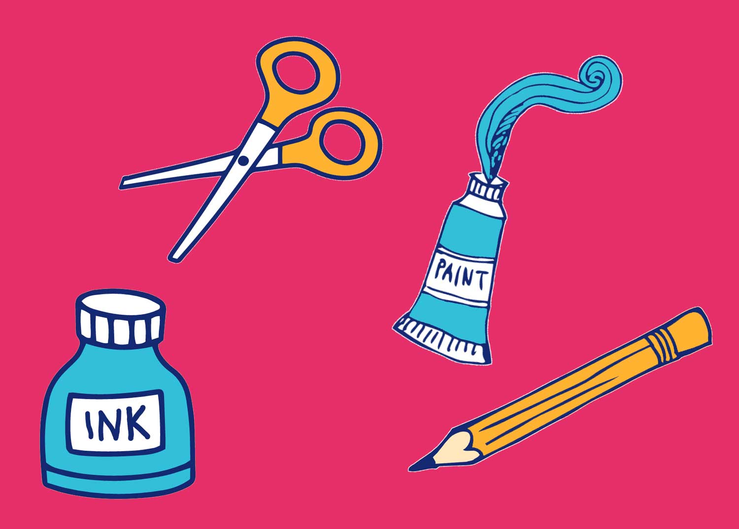 Illustration of paint, ink, scissors and a pencil on a pink background.