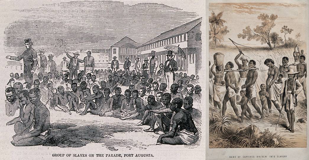 (left) African people rescued from a slave ship by the Royal Navy, brought to Fort Augusta, Jamaica. Wood engraving, 1857 (Courtesy: Wellcom Collection); African men, women and children captured in order to become slaves. Lithograph, 1874. (Courtesy: Wellcom Collection)