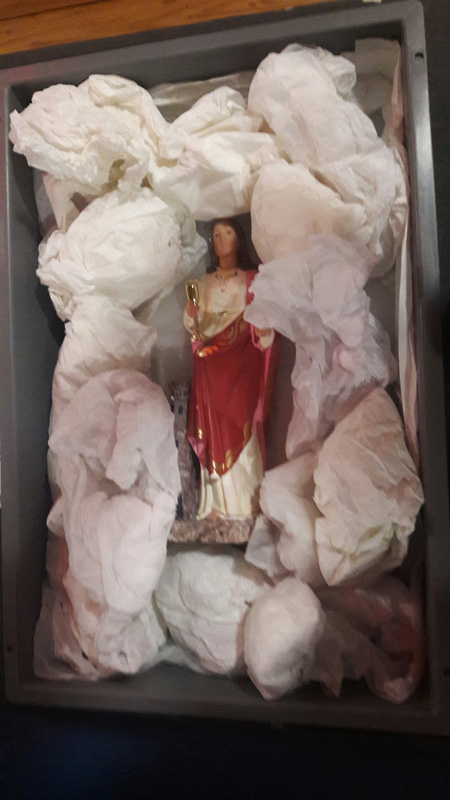 Packed statue of Saint Barbara donated to the museum.