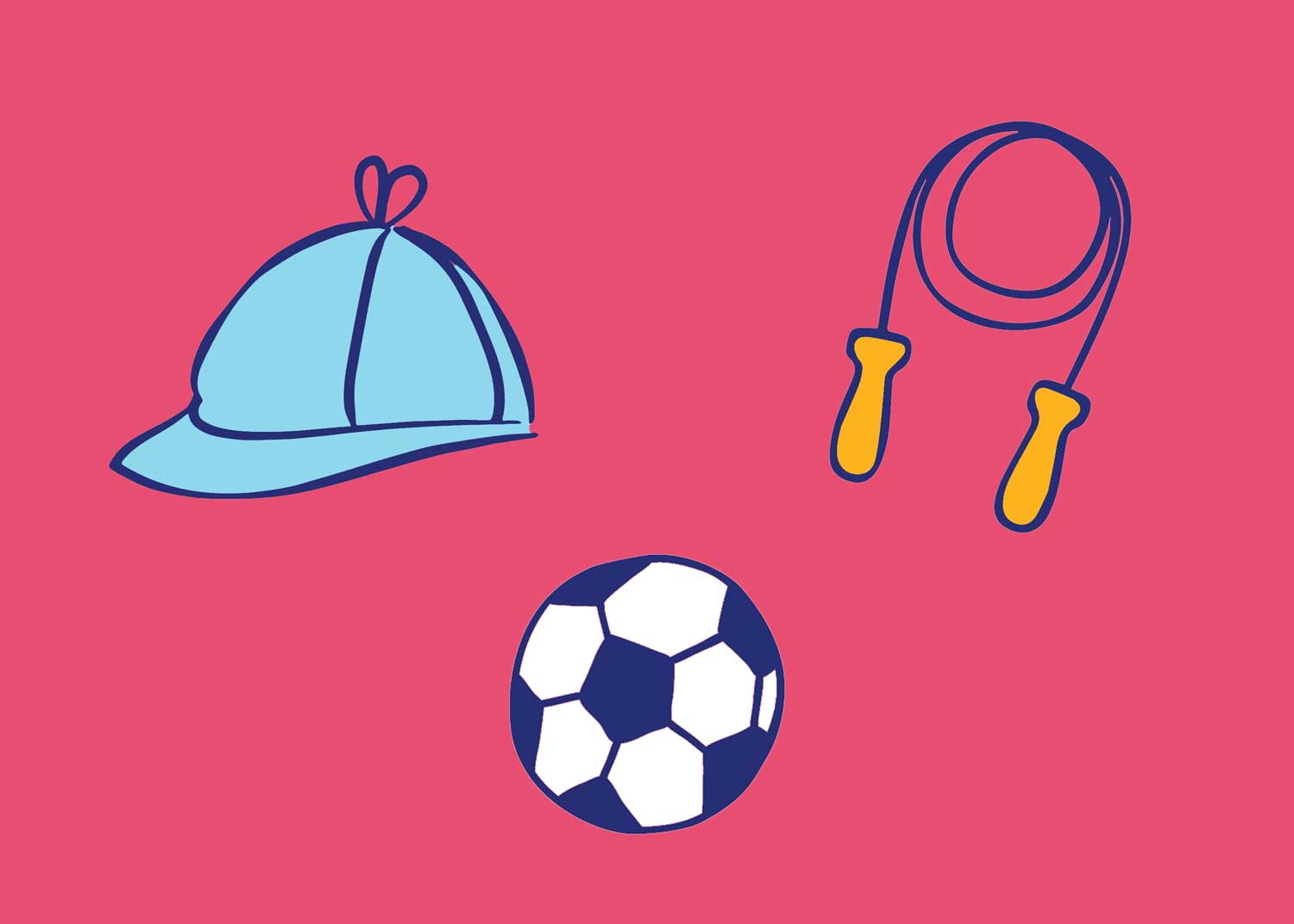 Colourful illustrations of a football, a cap and a skipping rope.